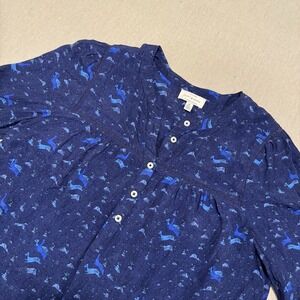 Lucky Brand Women M Tunic Top Blue Half Button Deer Print 3/4 Sleeve Lightweight